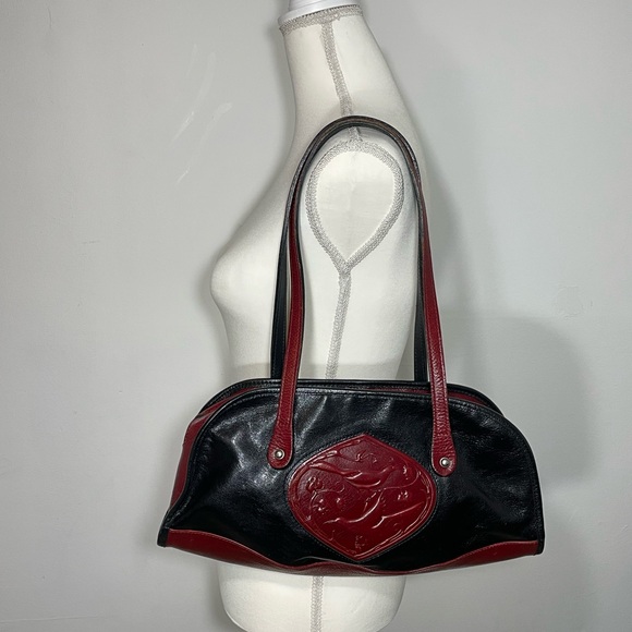 Handmade Turtle Ridge Black/Red Leather Shoulder Bag/Purse w Tooled Birds (Rare) - Picture 1 of 14